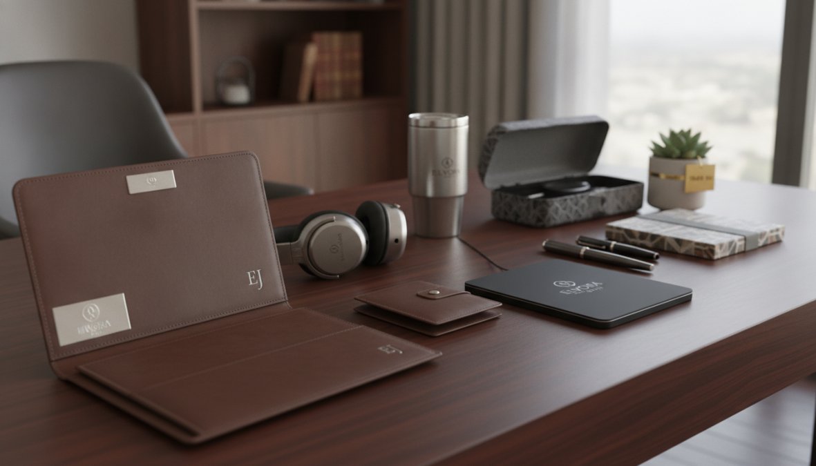 Curated collection of luxury personalized gifts including engraved leather accessories, monogrammed tech items, and custom branded products arranged on a professional desk with warm lighting