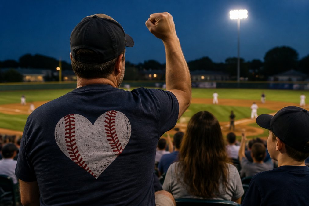 Dad wearing personalized baseball heart t-shirt with player name and number on back, cheering enthusiastically from bleachers during evening game with warm stadium lighting