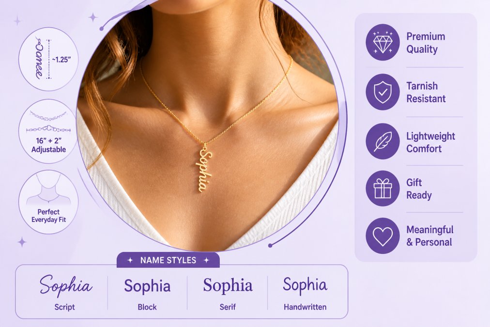 Close-up of a woman's neckline wearing a delicate gold name necklace, soft warm natural lighting, intimate mood with a blurred background