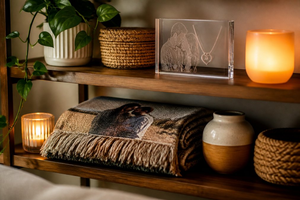 A cozy living room shelf displaying a woven personalized blanket folded neatly beside an acrylic keepsake plaque, warm amber ambient lighting, styled with small candles and a trailing plant