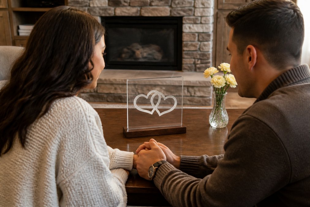 A couple holding hands while looking at a personalized acrylic plaque displaying their initials or a meaningful message, soft warm lighting in a cozy home setting
