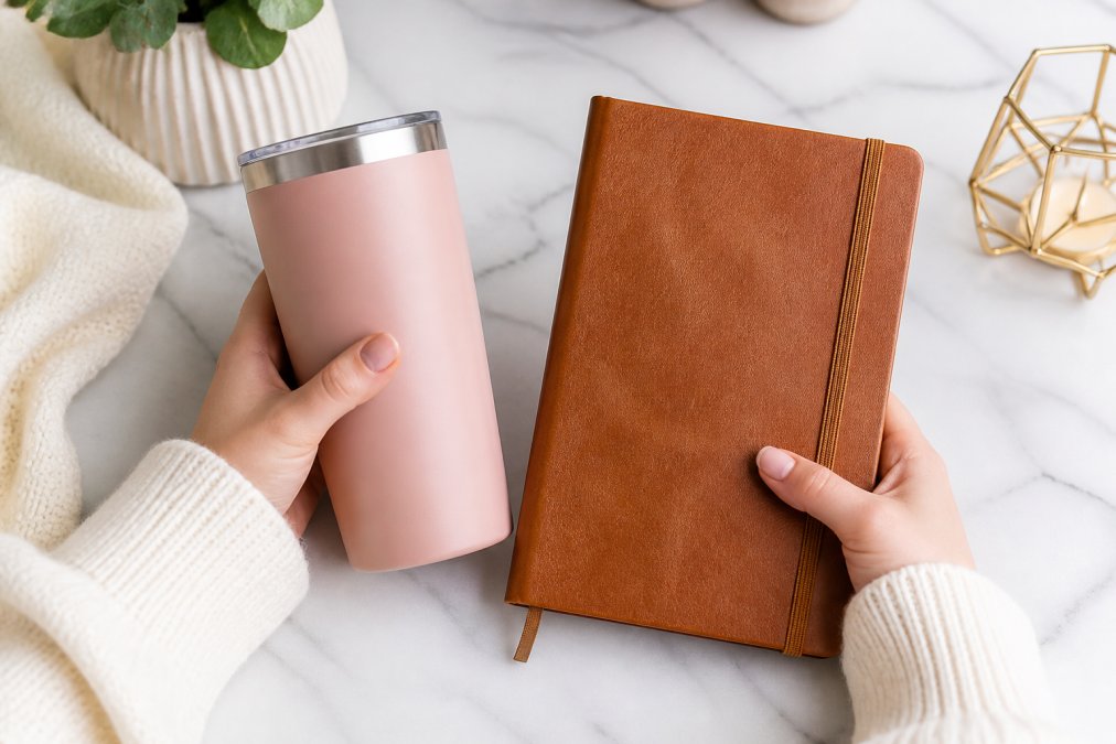 Close-up of a woman's hands holding an engraved tumbler and a monogrammed vegan leather journal arranged on a white marble surface with soft natural light