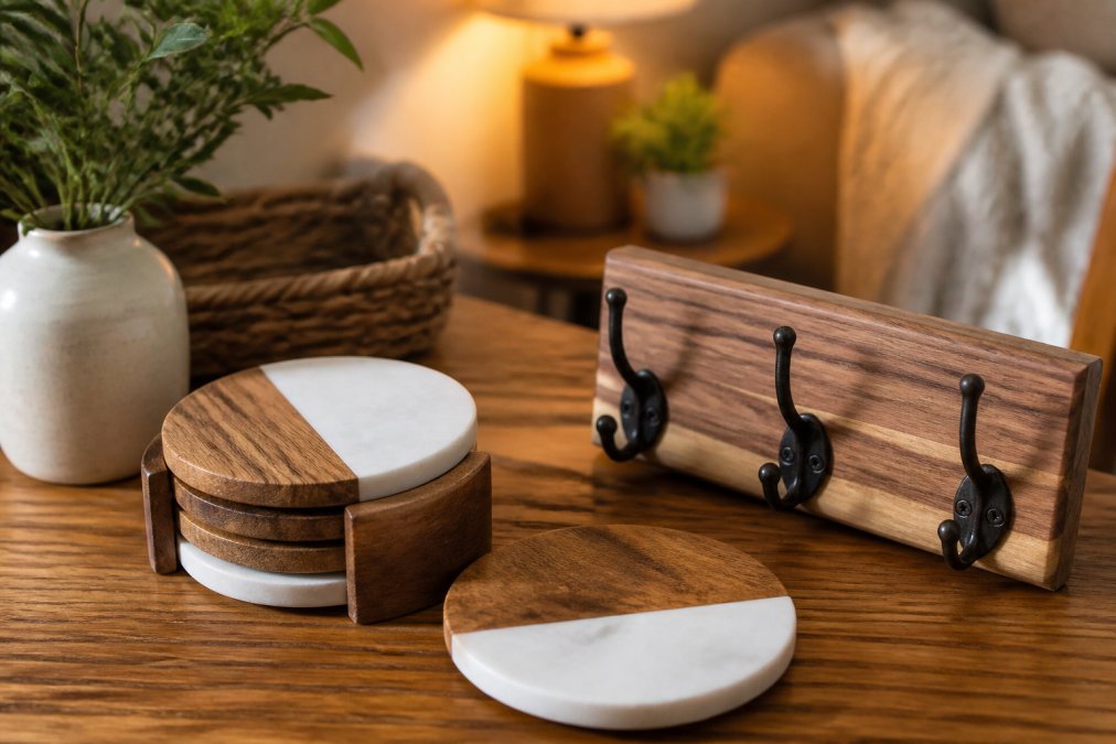 A styled flat lay of personalized home decor items including a marble and acacia wood coaster set and a custom engraved wooden wall hook arranged on a warm wooden table with soft ambient home lighting in the background