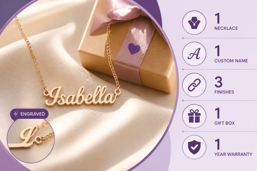 Close-up of a delicate custom name necklace laid on soft cream fabric, small kraft gift box nearby, warm natural window light catching the engraved lettering