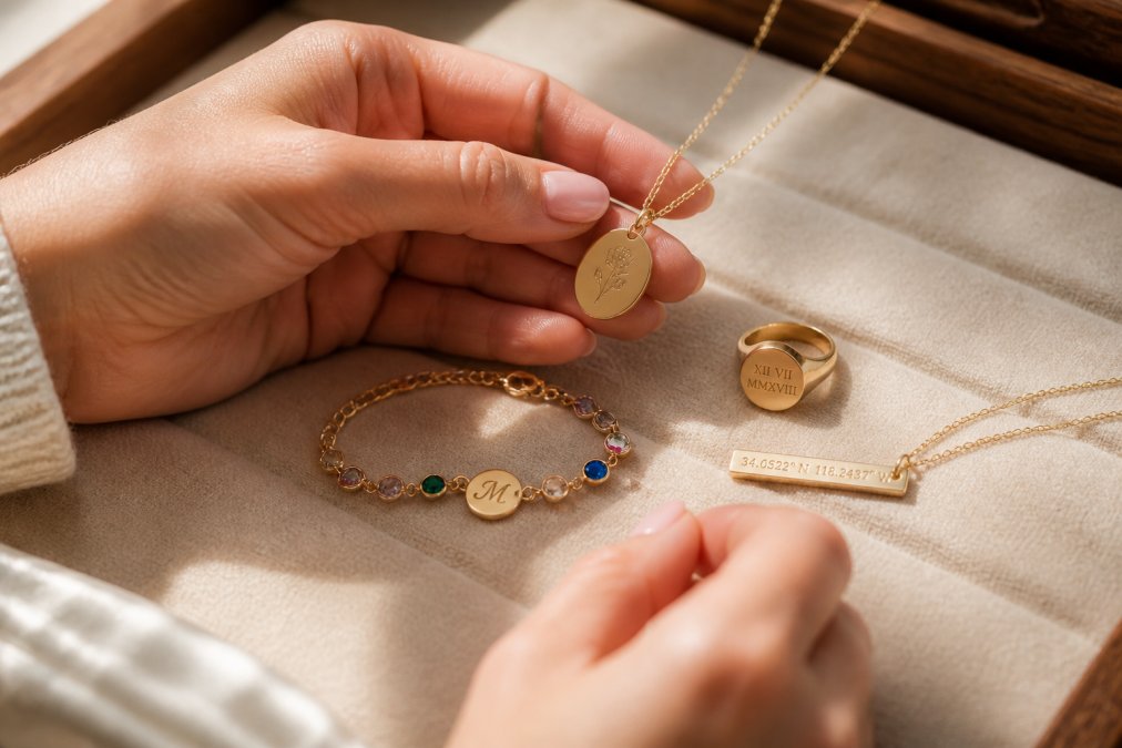 Close-up of a woman's hands holding and examining various personalized jewelry pieces including an engraved necklace pendant, a birthstone bracelet with custom initials, a signet ring with roman numerals, and a coordinate pendant, displayed on a soft neutral fabric with natural window lighting