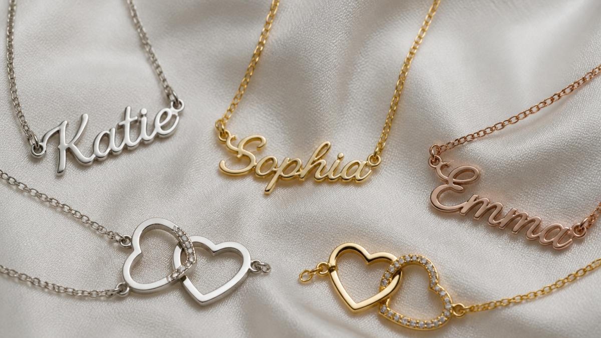 Close-up of personalized name necklaces and interlocking hearts jewelry displayed on soft white fabric, showing polished stainless steel and gold finishes with delicate cursive pendants and crystal accents