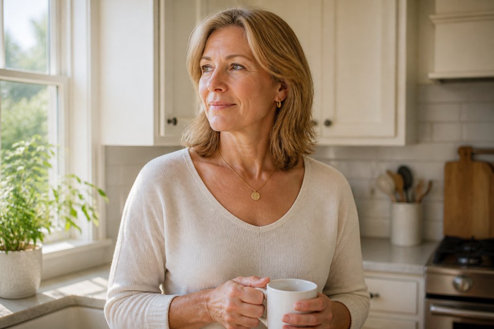 A woman in her fifties wearing a delicate gold pendant necklace, standing in a sunlit kitchen with a coffee mug in hand, natural morning light across her face