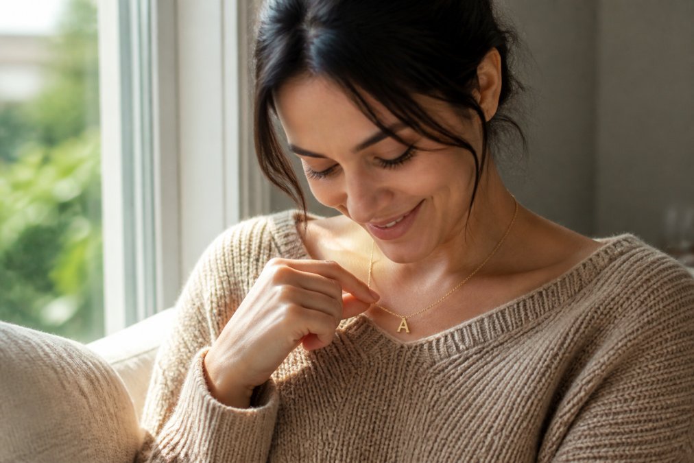 Woman wearing a delicate personalized necklace with her initial, smiling softly while looking down at the pendant in natural daylight, seated near a window