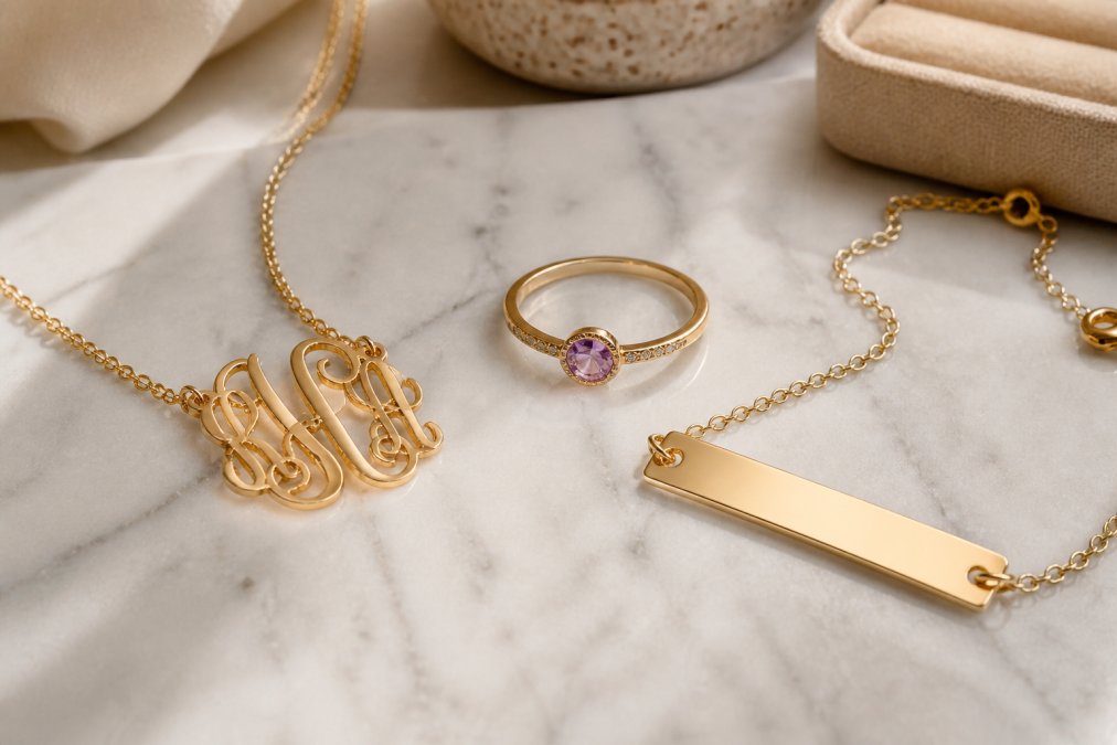 Flat lay of assorted personalized jewelry pieces including a monogram necklace, birthstone ring, and engravable bar bracelet arranged on a soft white marble surface with warm natural light