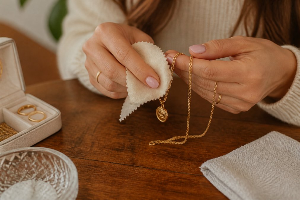 Close-up of a woman's hands gently polishing a delicate gold-plated necklace with a soft cloth on a wooden tabletop, with a small jewelry box and a polishing cloth visible in warm indoor lighting