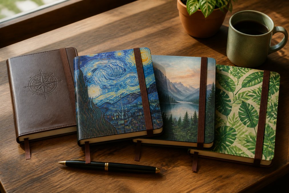 A flat lay photo of several different personalized leather journals for professionals on a wooden desk, showing vibrant printed front covers, brown elastic closure bands, and ribbon bookmarks under warm natural window light