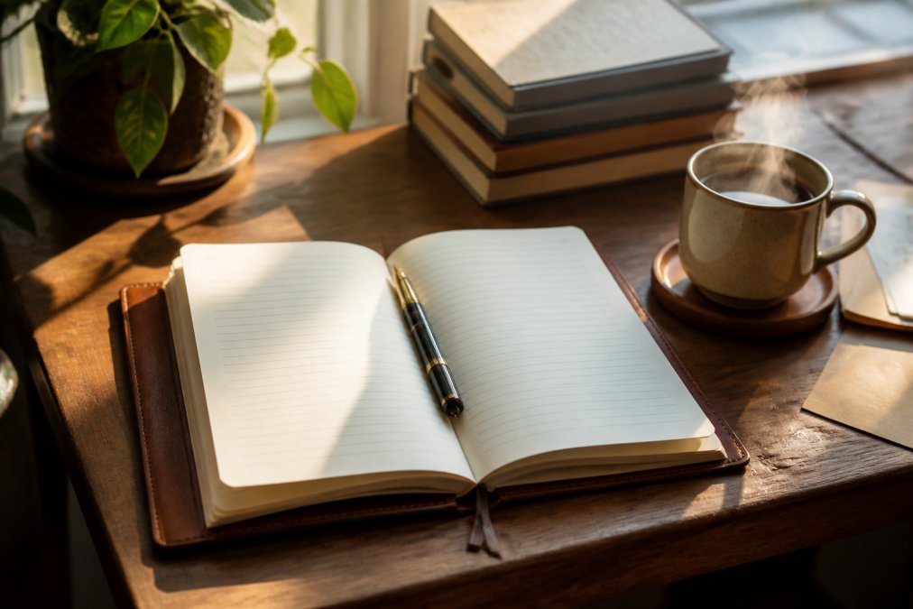 Writer's desk with an open vegan leather journal displaying lined pages, a fountain pen resting on the spine, and a steaming coffee cup beside it, natural morning light streaming across the workspace
