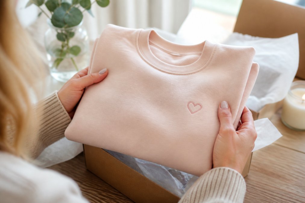 Close-up of a woman's hands holding a neatly folded, soft-colored crewneck sweatshirt with a small, minimalist embroidered design above the chest pocket. The setting is bright and airy, with a gift box and tissue paper blurred in the background.
