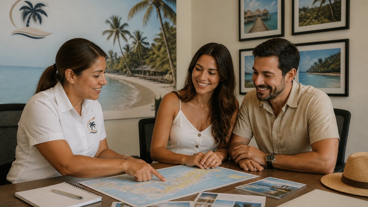 A travel advisor and a couple reviewing a map and itinerary on a tablet in a bright, welcoming office with tropical travel photos on the wall