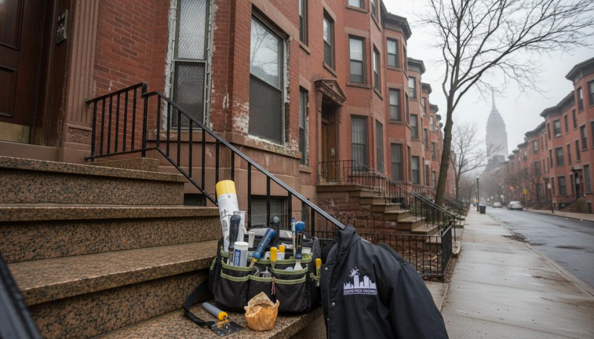 A pest control professional in protective gear using caulking tools to seal a gap between brick courses on the exterior wall of a historic Boston rowhouse, with red brick and iron window railings visible in the background