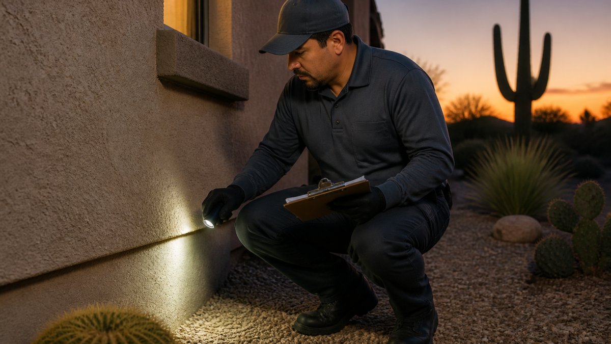 A background-checked technician in a uniform inspecting the exterior foundation of a stucco Arizona home at dusk, with desert landscaping and a saguaro cactus visible in the background, holding a clipboard and flashlight