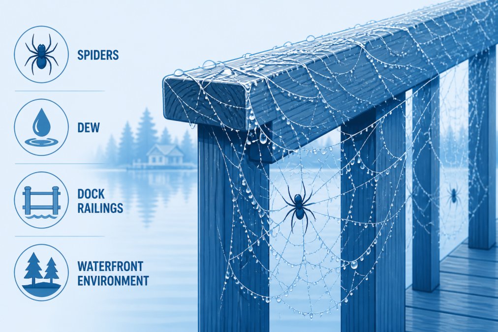 Close-up view of dock railing covered in dense spider webs glistening with morning dew, with blurred water and trees in background, showing typical waterfront infestation