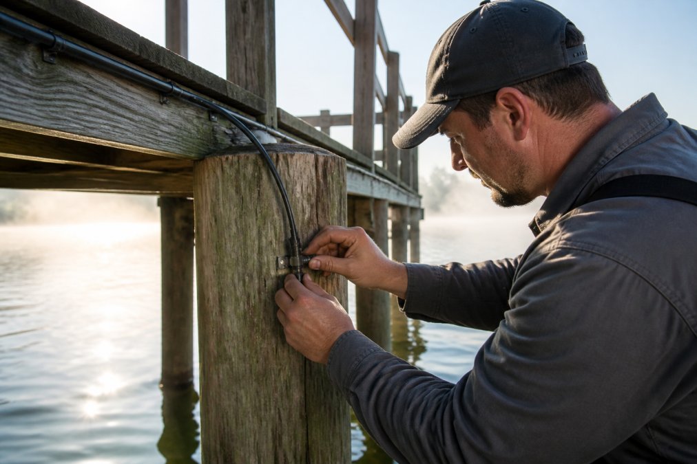 Professional technician in work clothes installing misting system nozzle on weathered dock post, with lake water visible in background and morning light reflecting off water