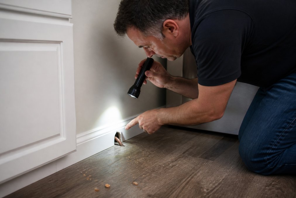 Homeowner using a flashlight to inspect a wall gap near a pipe for signs of pest control for mice.