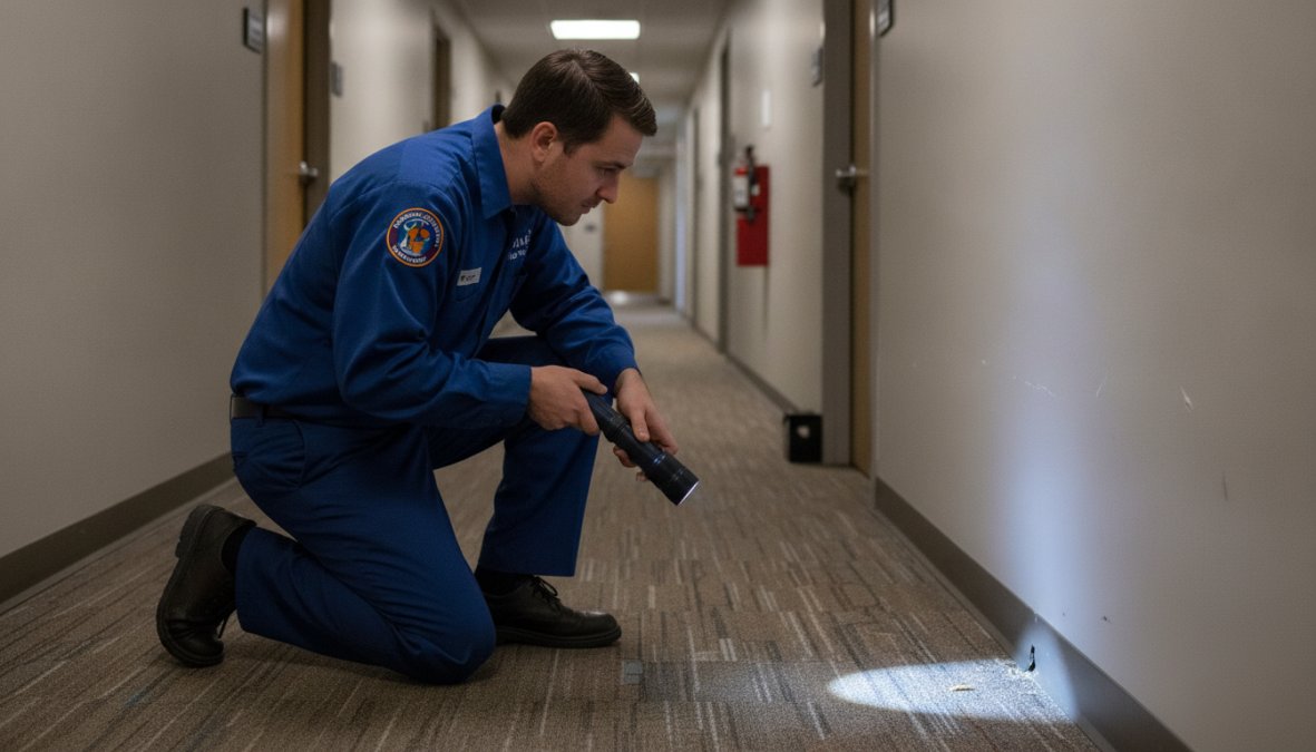 A licensed [pest control](/flexible-pest-control-services-for-small-businesses/) technician in uniform crouching at the base of a commercial office hallway wall, using a flashlight to inspect the gap between the baseboard and floor for signs of rodent activity or entry points, under bright fluorescent lighting