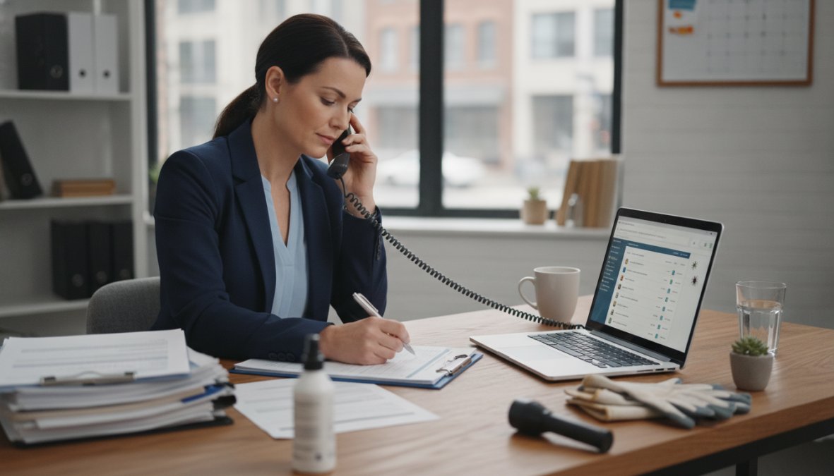 A property manager in business casual attire sitting at a tidy desk, speaking on a phone with a laptop open showing a property management dashboard, reviewing printed paperwork under warm office lighting
