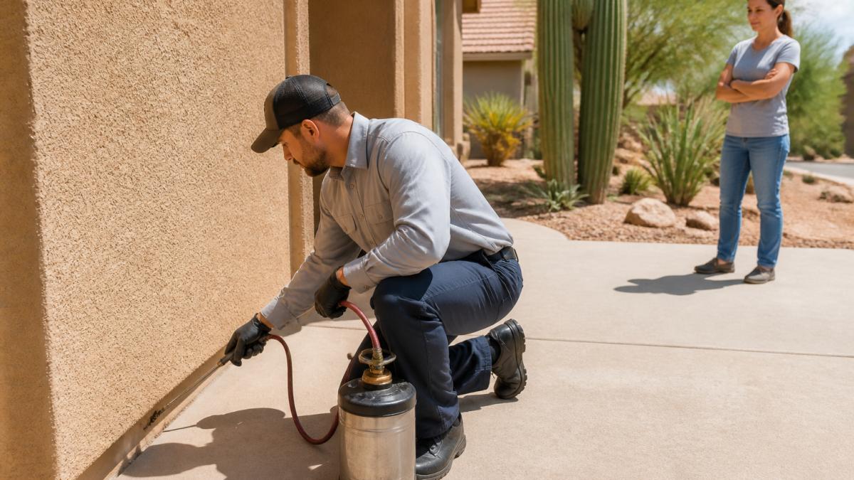A pest control technician in uniform applying a residual treatment along the exterior baseboard of a desert home, with a spray wand and a labeled container visible, homeowner watching from a safe distance
