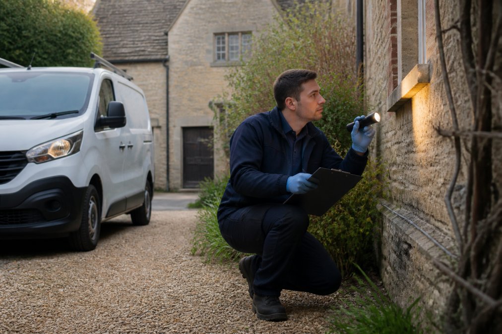 A pest control technician in clean uniform inspecting the exterior brickwork of a traditional Oxfordshire stone cottage, holding a clipboard and torch, with a white van parked on the driveway behind