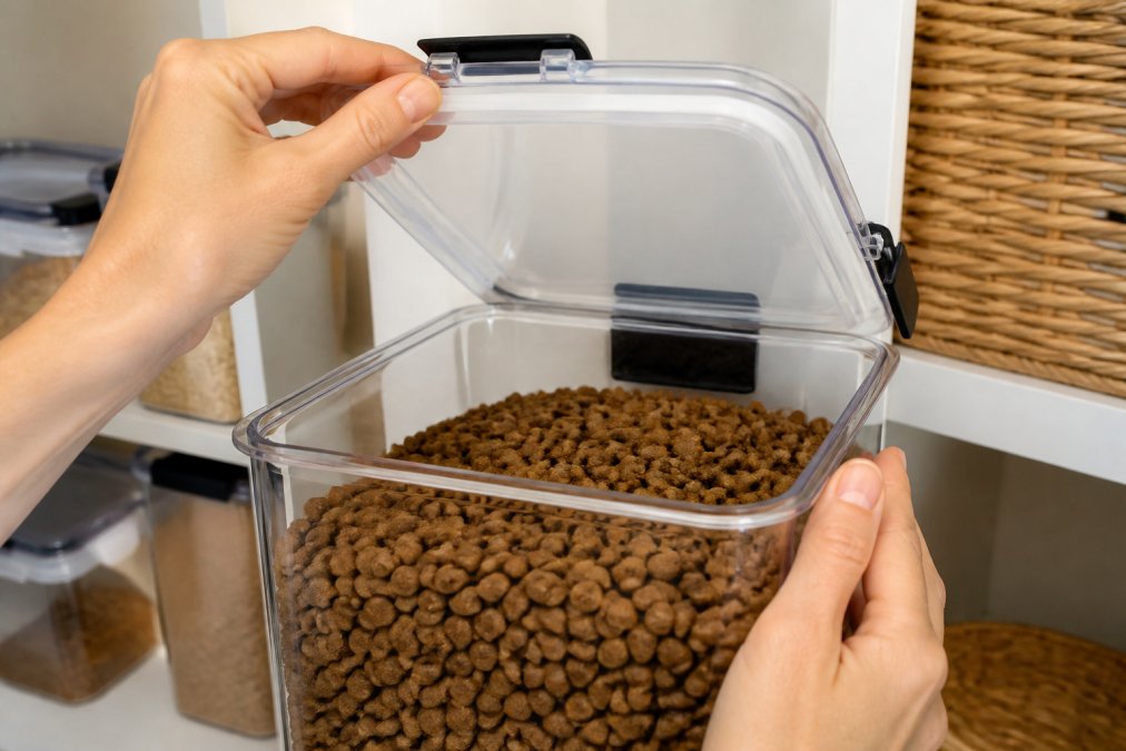 Close-up of hands opening an airtight pet food container with a visible silicone gasket seal, showing kibble inside a clean, organized pantry shelf with natural lighting