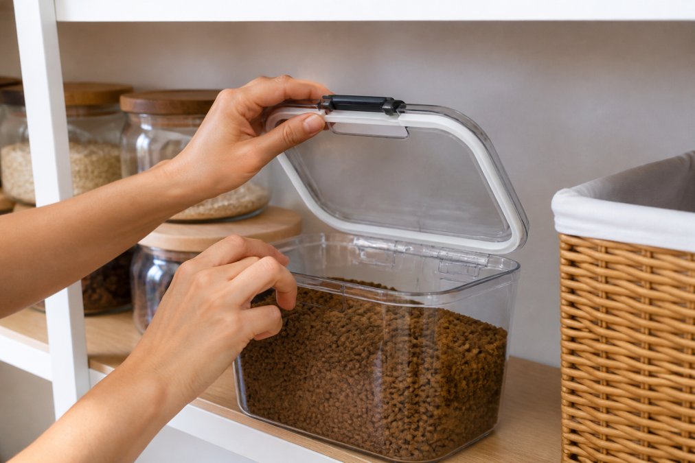Step-by-step visual guide for best pet food storage for odors