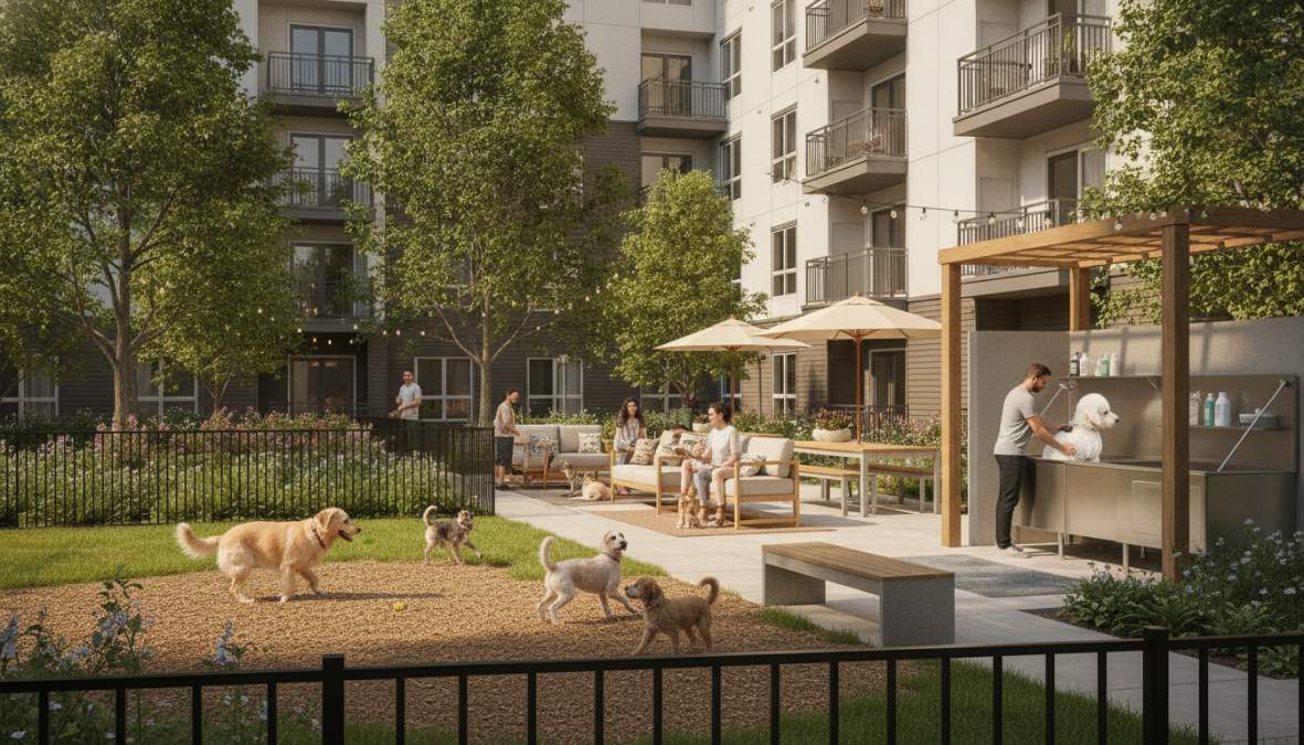Best Pet-Friendly Apartment Features for Renters 1 A spacious fenced dog park with golden retrievers and a border collie running freely on green turf, shaded seating for owners along the perimeter, and a mounted pet waste station near the gate in a lush garden-style community