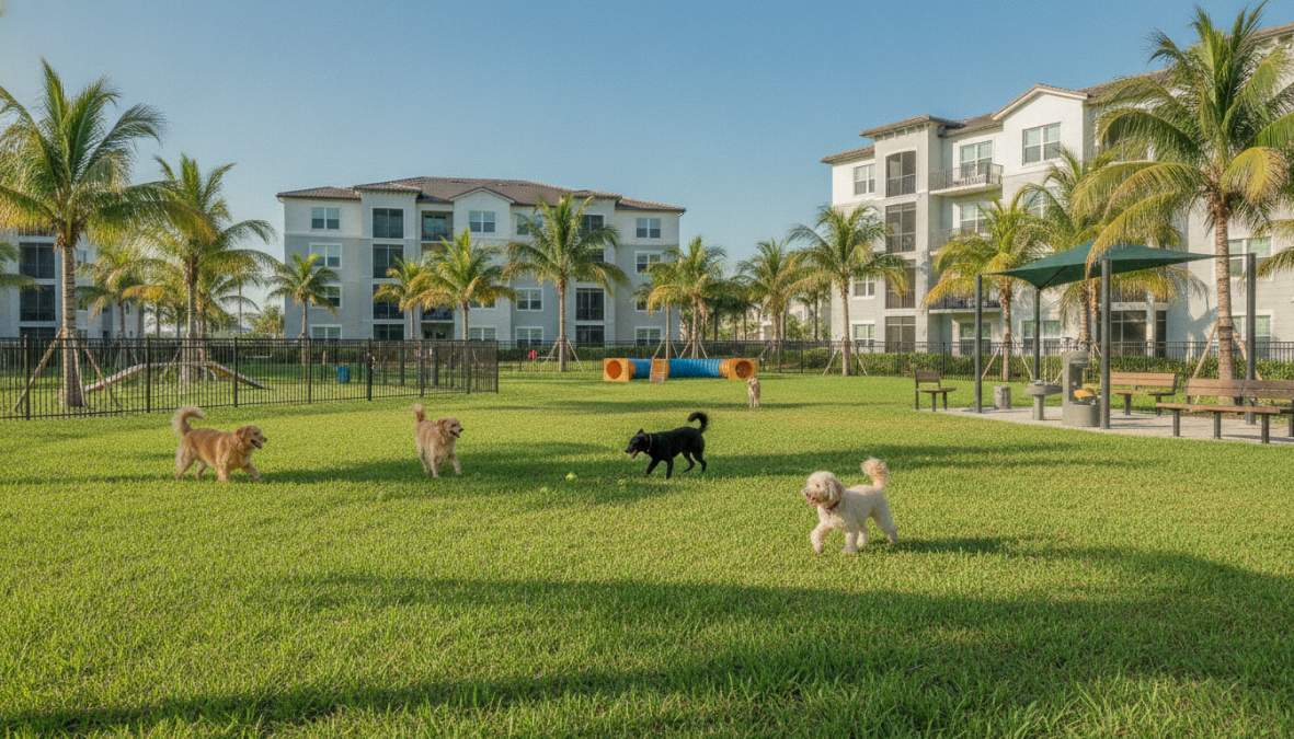 Two pet owners chatting while their dogs run freely in a fenced Boca Raton dog park with green grass, shade structures, and water stations visible, bright Florida sunshine casting short shadows on a weekday morning