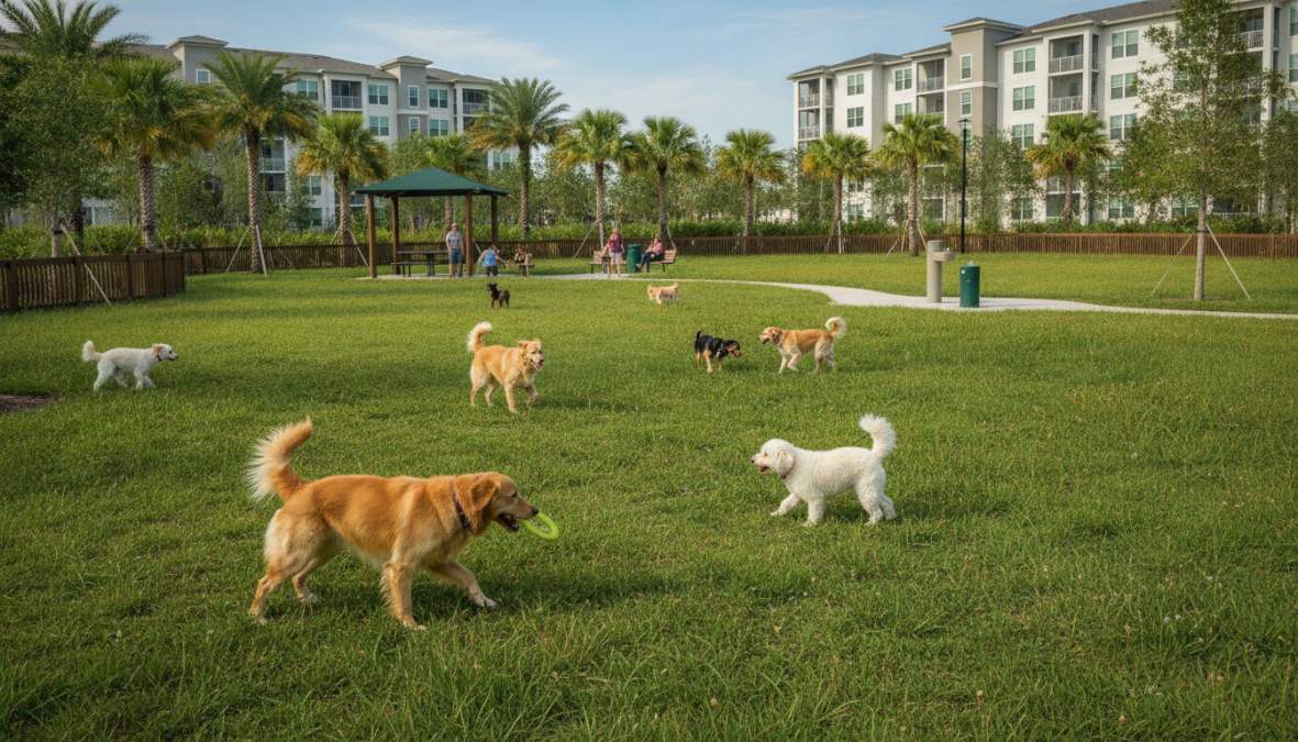 A happy golden retriever playing in a spacious, well-maintained apartment community courtyard with lush tropical landscaping, a resort-style pool visible in the background, and a resident watching from a shaded lounge chair on a sunny Florida afternoon