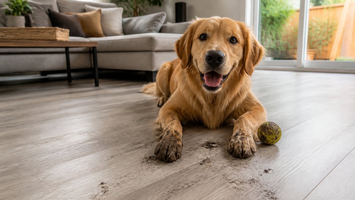 Dog with muddy paws playing on light-colored luxury vinyl plank flooring in a bright living room, demonstrating real-world pet activity and the floor's durability