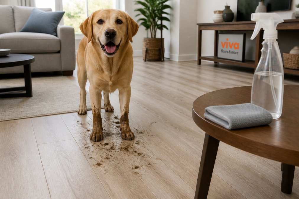 Infographic showing how to clean muddy paw prints off waterproof pet friendly flooring using simple tools.