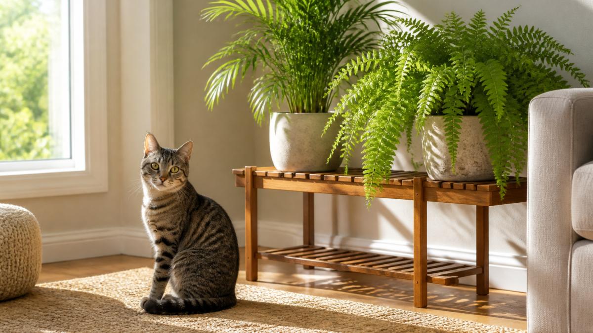 A tabby cat sitting calmly beside a parlor palm and a Boston fern on a wooden plant stand in a sunlit room.