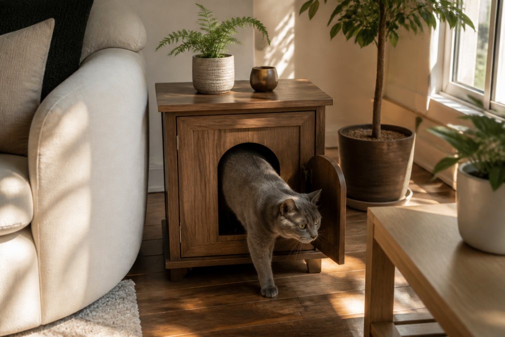 Diagram illustrating how to style walnut pet furniture as a functional living room side table.