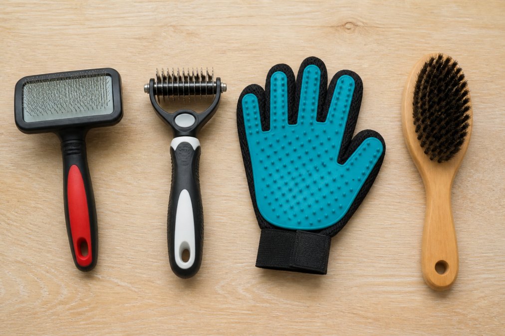 Flat lay of four different dog grooming tools, a slicker brush, an undercoat rake, a grooming mitt and a bristle brush, arranged neatly on a light wooden surface