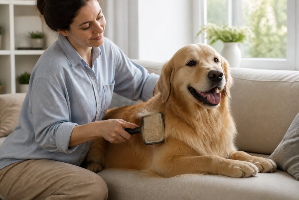 A person gently brushing a fluffy golden-coated dog on a sofa in a bright living room, with the brush moving along the coat direction and loose fur visible on the brush pad
