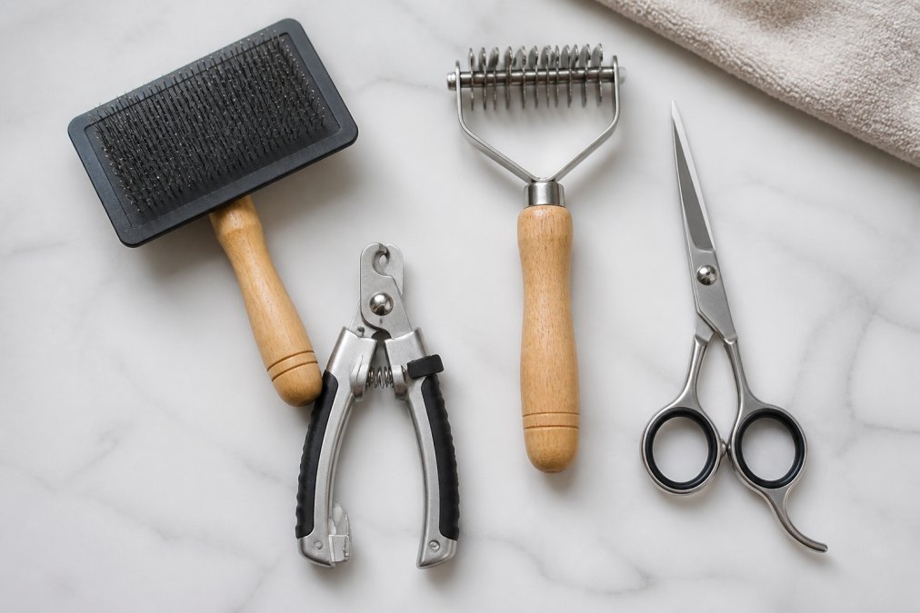 Flat lay of essential grooming tools arranged on a white surface including slicker brush, stainless steel nail clippers, undercoat rake, and grooming shears with organized placement