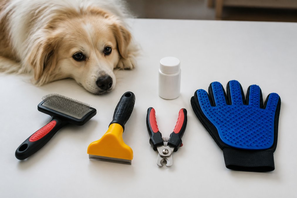 Flat lay of essential grooming supplies arranged on a white surface including slicker brush, deshedding tool, scissor-style nail clippers, grooming glove, and styptic powder, with a calm dog resting nearby