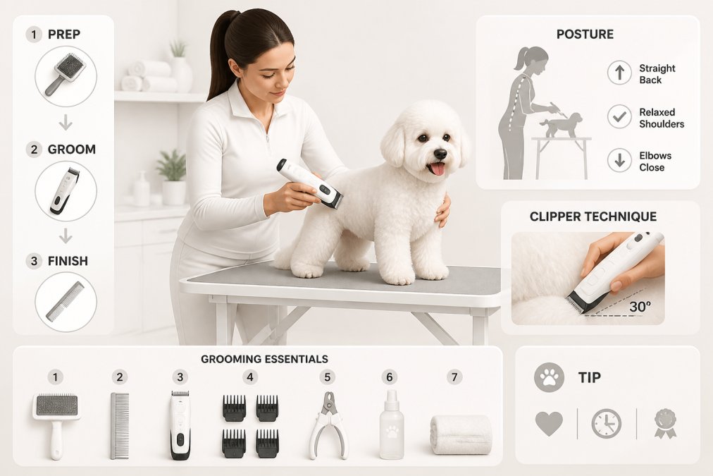 Pet owner carefully grooming a calm dog at a grooming table indoors, using a cordless clipper with proper posture and technique, with organized grooming supplies nearby on the table