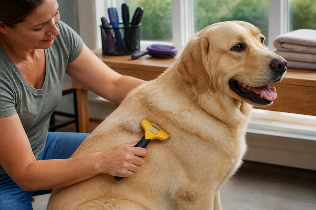 Dog owner using a FURminator deShedding tool on a large thick-coated Labrador Retriever, with visible loose undercoat hair being removed during grooming session in natural daylight