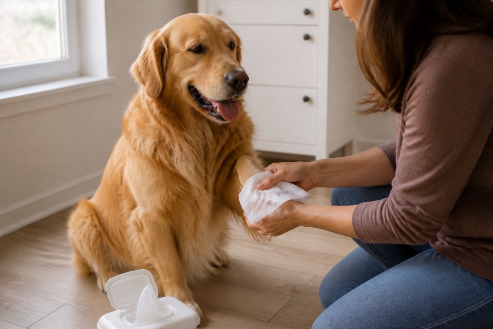 A golden retriever sitting calmly on a light wood floor while a person wipes its front paw with a premoistened grooming wipe, soft afternoon light through a nearby window