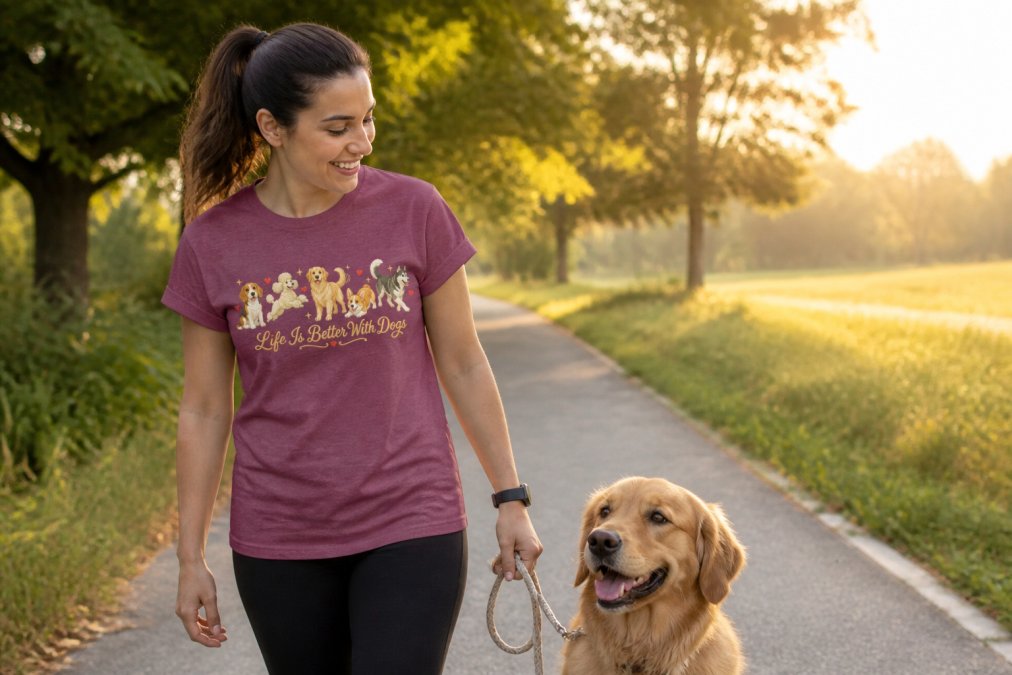 A smiling young woman wearing a casual graphic dog tee outdoors on a sunny morning walk with her golden retriever on a leash, both looking relaxed and happy in warm early morning light