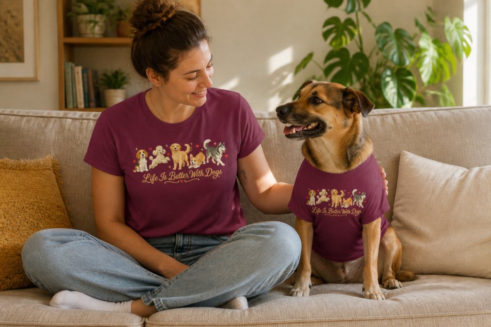 A millennial pet owner sitting cross-legged on a couch next to a medium-sized dog, both wearing coordinating casual apparel in warm neutral tones, taken in a cozy living room with soft afternoon light