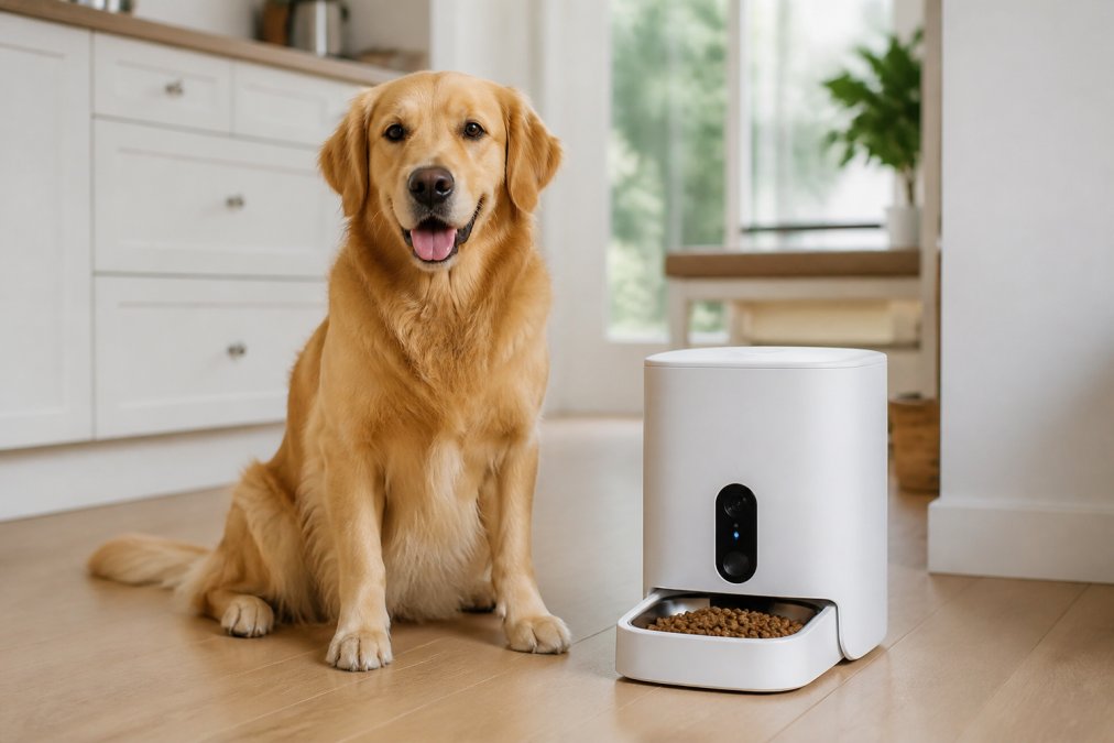 A golden retriever sitting patiently beside a modern white automatic pet feeder with a small camera lens on its front, in a bright kitchen with natural window light