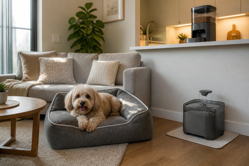 Cozy apartment living room with a small dog relaxing on a gray orthopedic bed, automatic feeder visible on the kitchen counter, and a quiet water fountain on the floor, modern minimalist decor with natural afternoon light