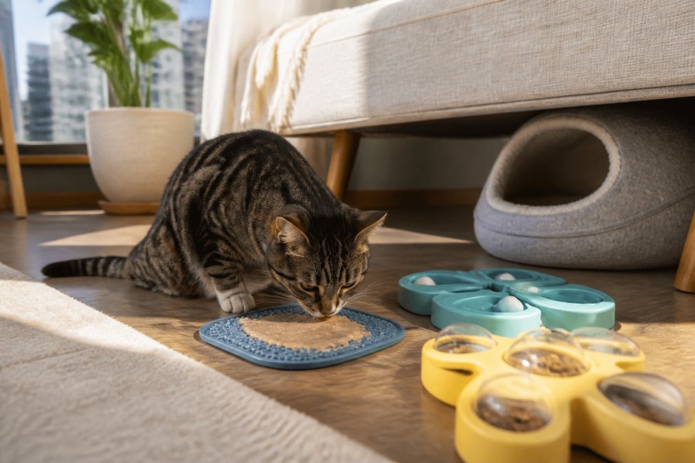 A cat engaged with puzzle toys and a silicone licking mat on a small apartment floor, showing enrichment activities in a compact space with natural window light streaming across the floor