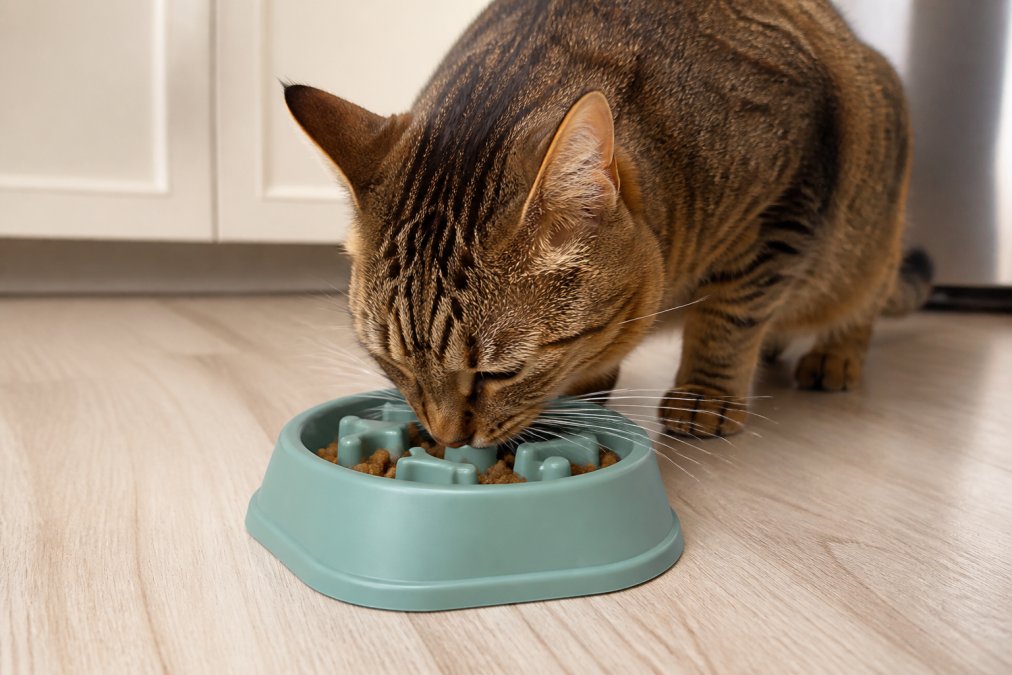 Close-up of a tabby cat eating from a shallow, wide-rimmed slow feeder bowl with visible maze pattern, whiskers clear of the bowl edges, natural kitchen lighting