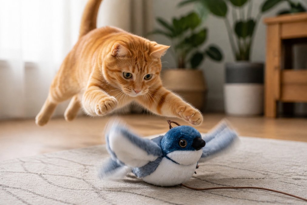 An orange cat mid-pounce toward a flapping bird toy with wings in motion, captured in mid-leap against a blurred home interior background, natural window lighting